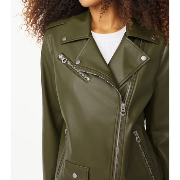 Scoop Womens Faux Leather Moto Jacket Asymmetrical Zip Olive Night Green Size L - Picture 5 of 7